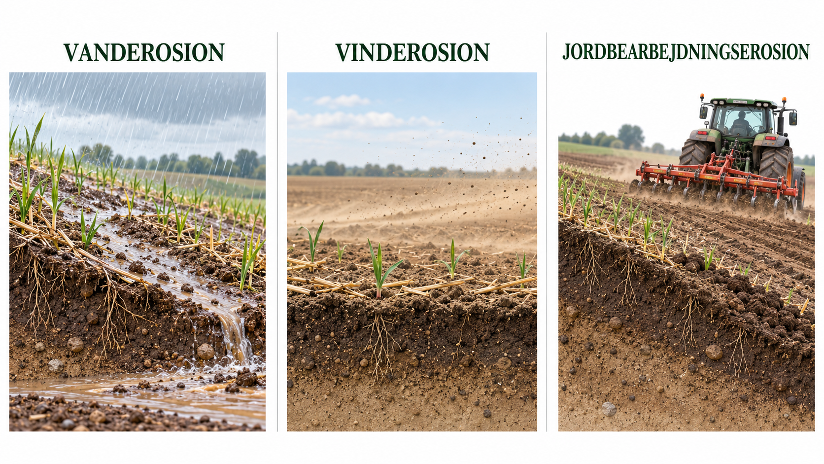 Tre typer jorderosion i landbruget